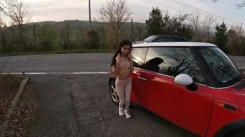 امرأة سمراء صغيرة تضاجع صديقها قرنية على غطاء السيارة